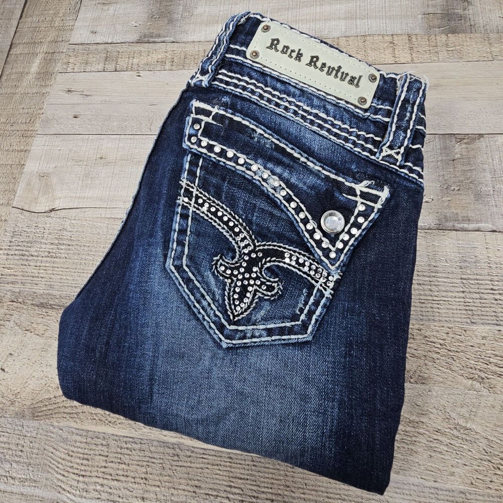 Rock Revival Jeans Womens 28 Johanna Skinny Straight Stretch Low Rise Rhinestone